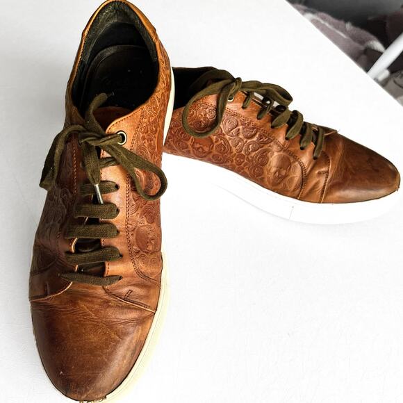 Robert Graham Skull Embossed Brown Leather Sneaker - Picture 1 of 16